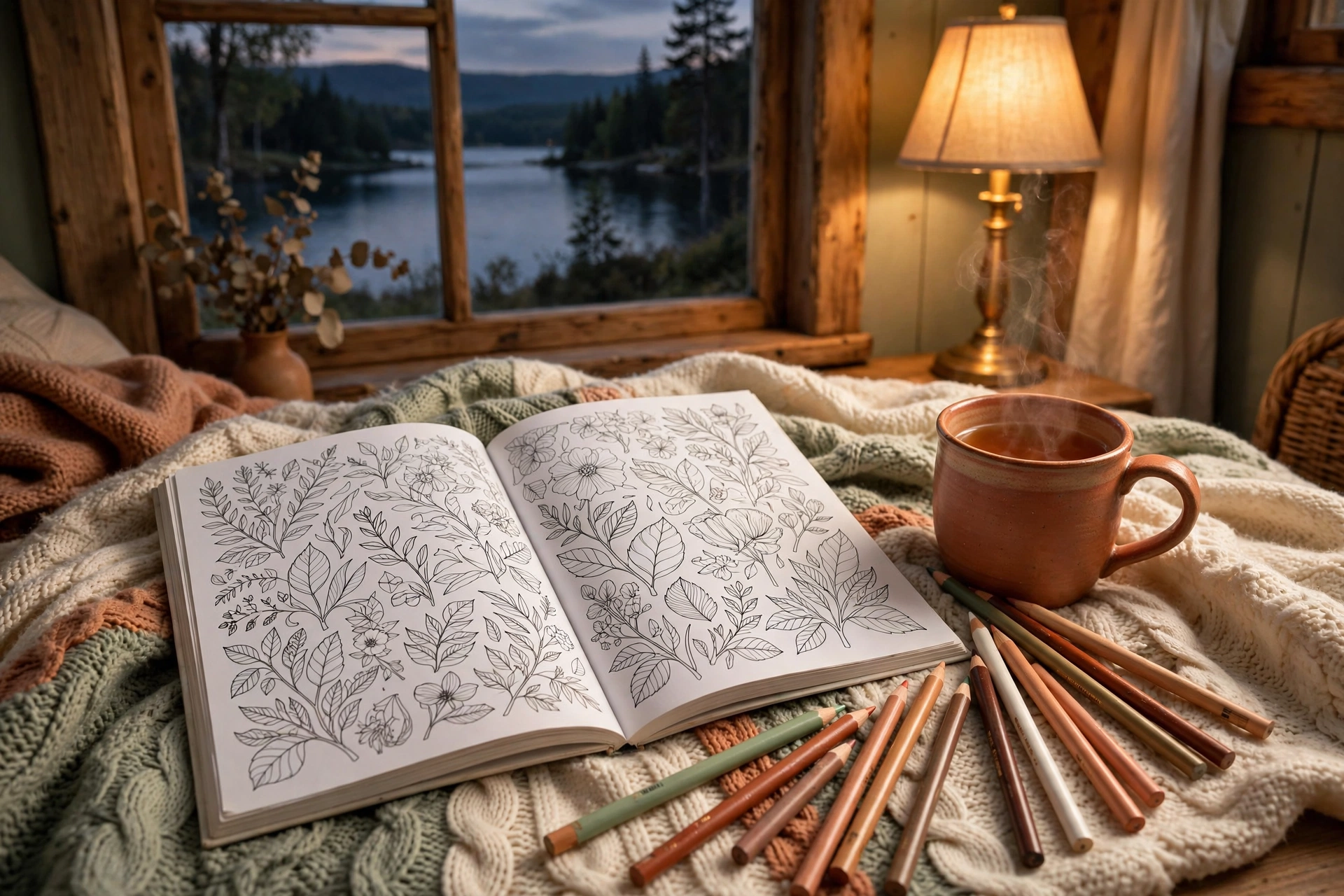 An open botanical coloring book with pencils and a warm drink by a lake window