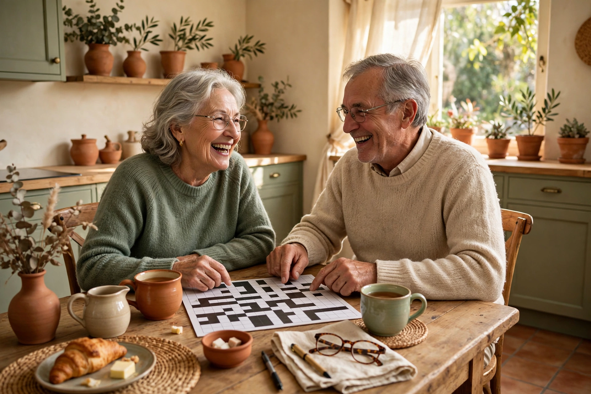 Two older adults sharing a crossword at a kitchen table